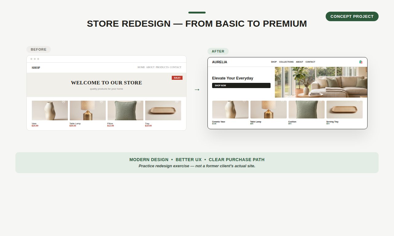 Before and after comparison of a practice Shopify store redesign exercise