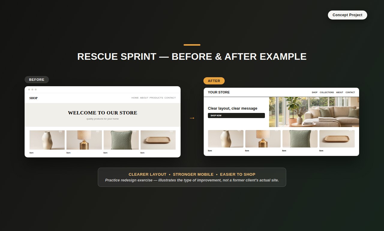 Rescue Sprint before and after example — concept project, practice redesign exercise, not a real client store