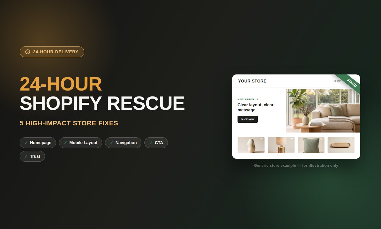 24-Hour Shopify Rescue Sprint — five high-impact store fixes: homepage, mobile layout, navigation, CTA, and trust
